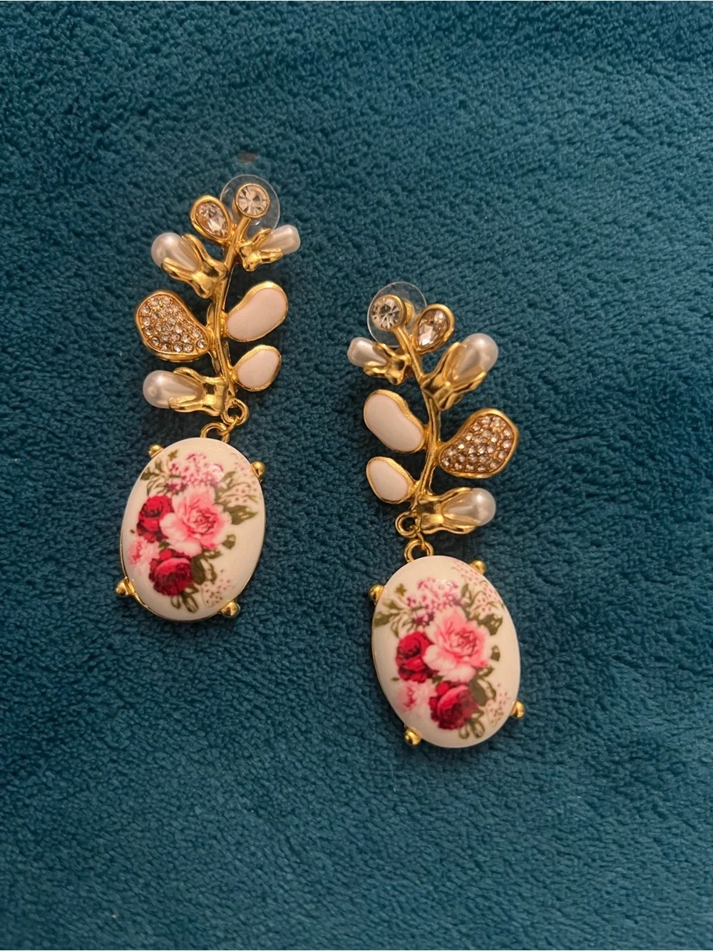 Vintage Gold Floral Porcelain Drop Earrings with Pink Roses